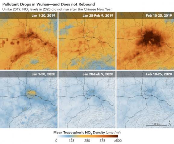Pollution au dioxyde d'azote dans la région de Wuhan (Chine), en janvier-février 2019 et janvier-février 2020.